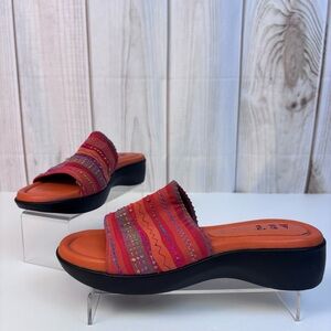 Wedge Slide Sandals Platform Embroidered Bohemian Vintage 80s 90s Shoes Orange 9